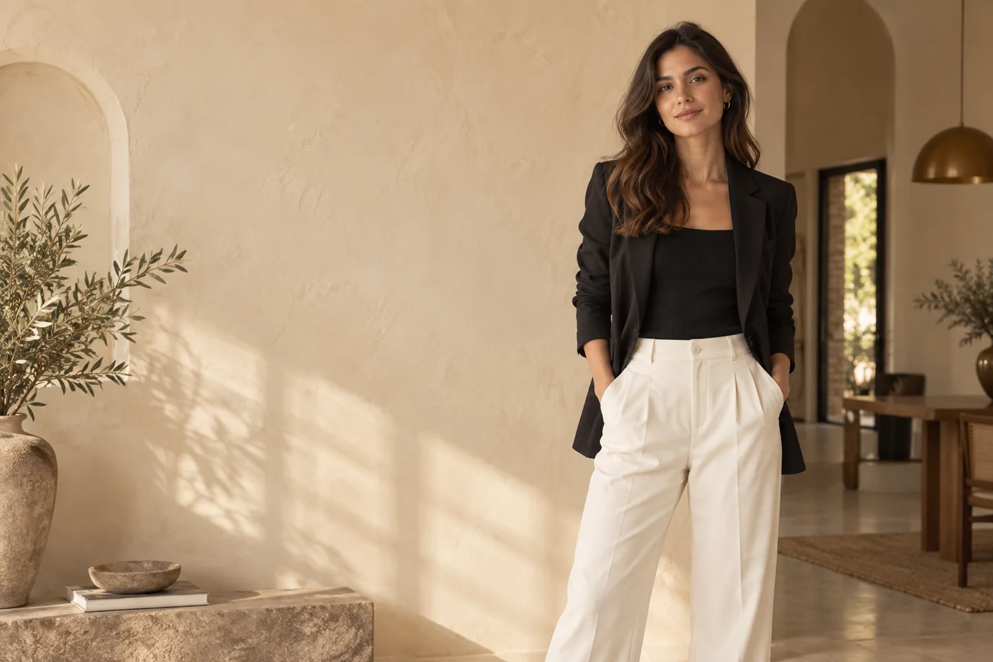 Mulher com look versátil em um ambiente iluminado