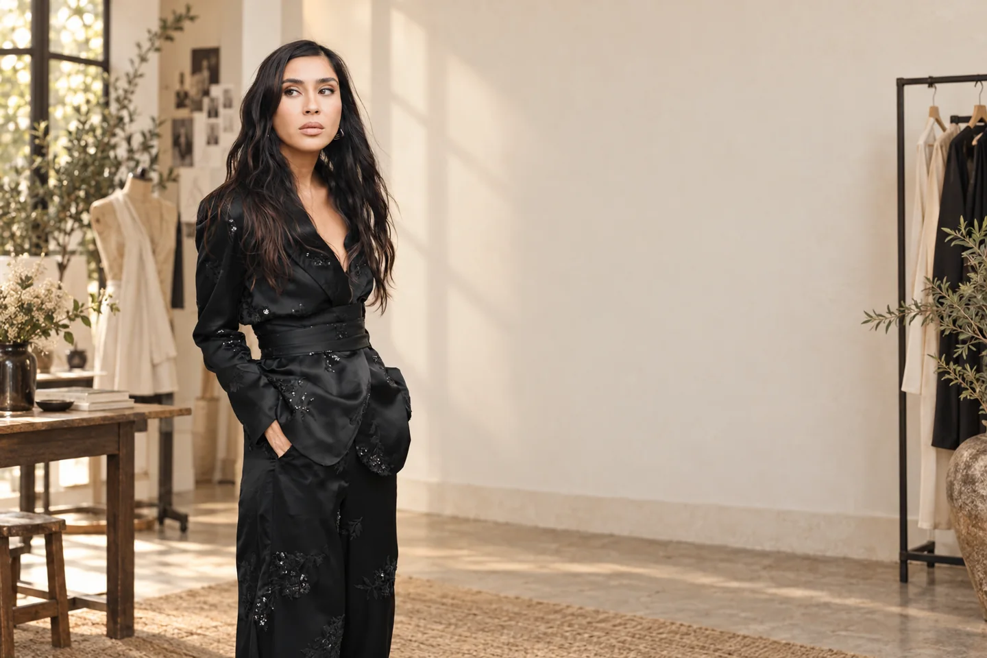 Dani Melo em um ambiente editorial de moda
