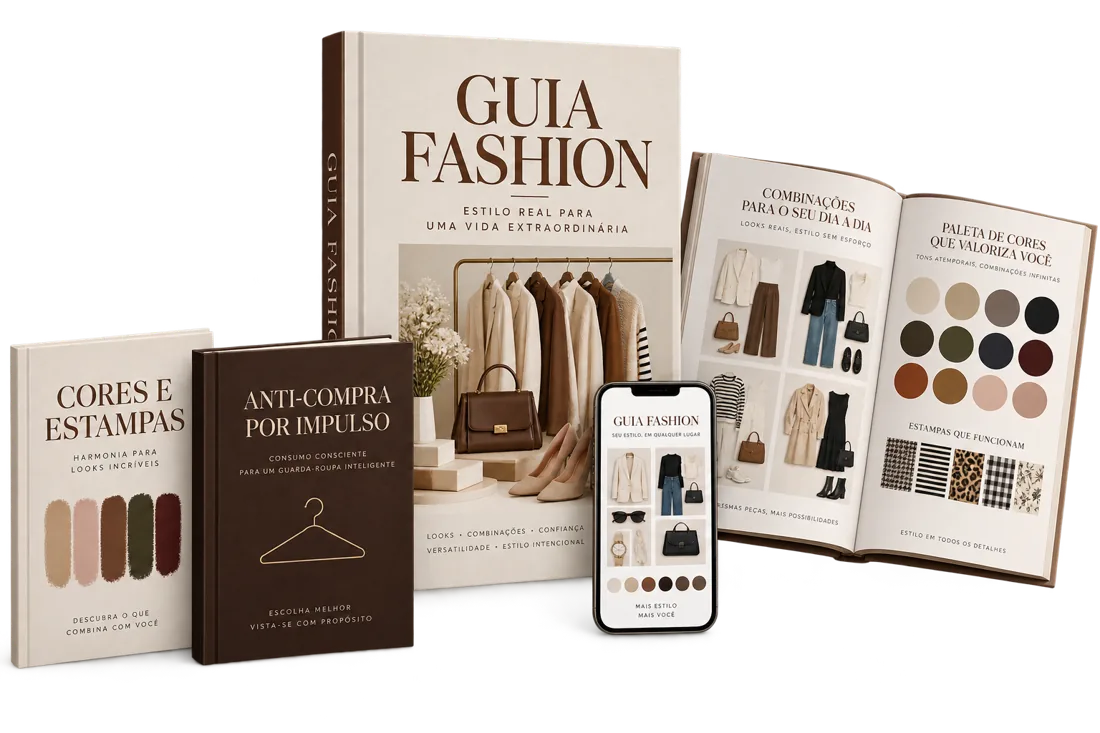 Mockup do Guia Fashion com combinações visuais de roupas e acessórios